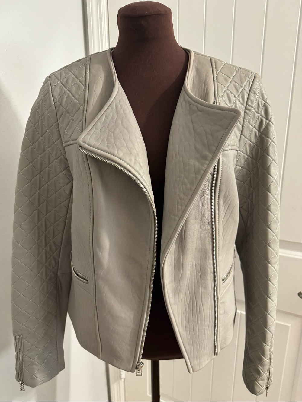 Dawn Levy Quilted Light Gray Leather Moto Jacket